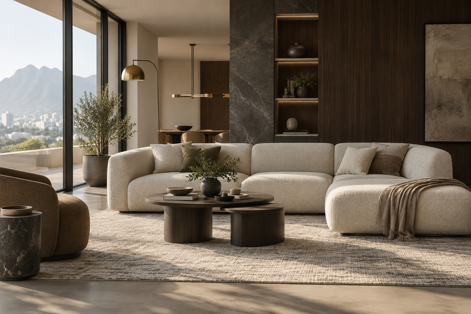 Sala contemporánea con mobiliario textil impecable